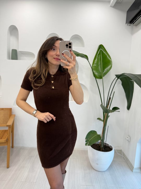 KAHVE 4388 DÜĞME DETAY TRİKO  ELBİSE  