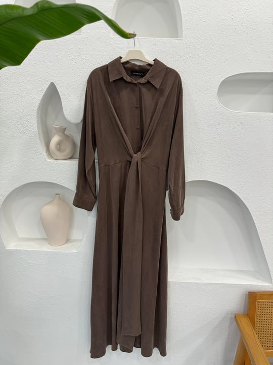 KAHVE 5714 BAĞLAMALI TENCEL ELBİSE