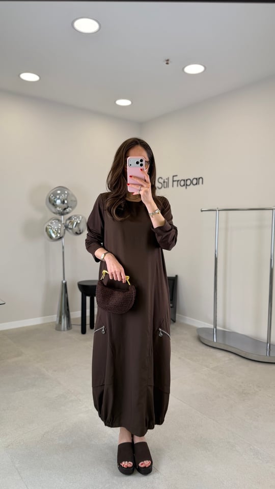 KAHVE 6727 ETEK UCU LASTİKLİ ELBİSE 