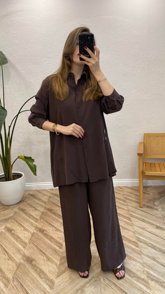 KAHVE 6906 ÖNÜ ŞERİT DETAYLI TAKIM 