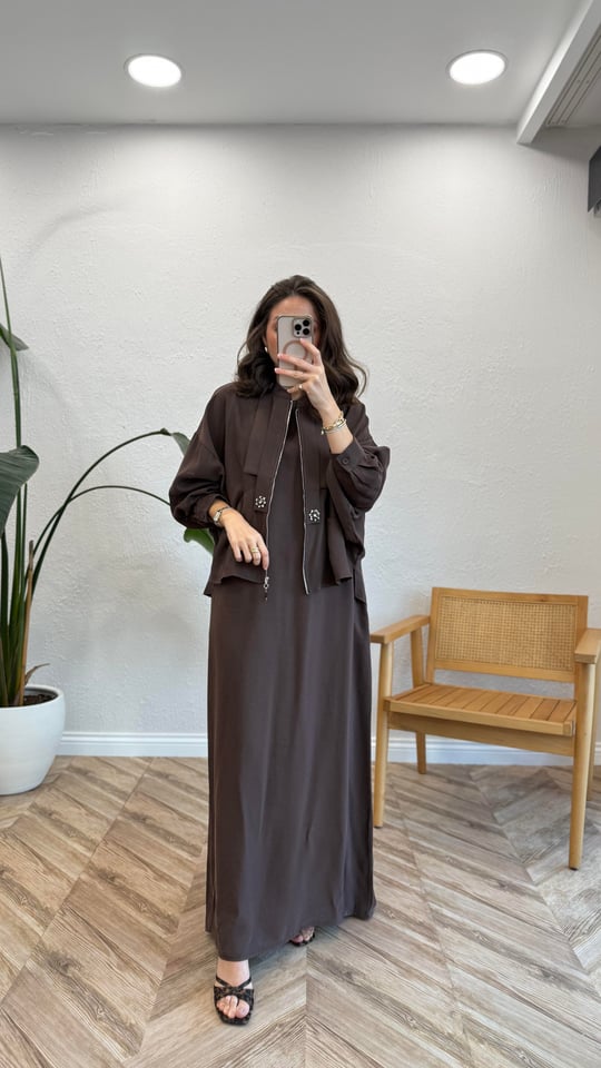 KAHVE 6944 TAŞ DETAY ELBİSE TAKIM