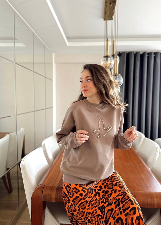 KAHVE KUŞ DESEN SWEAT