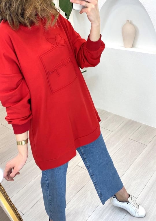 KIRMIZI GOFRE BASKILI SWEATSHIRT