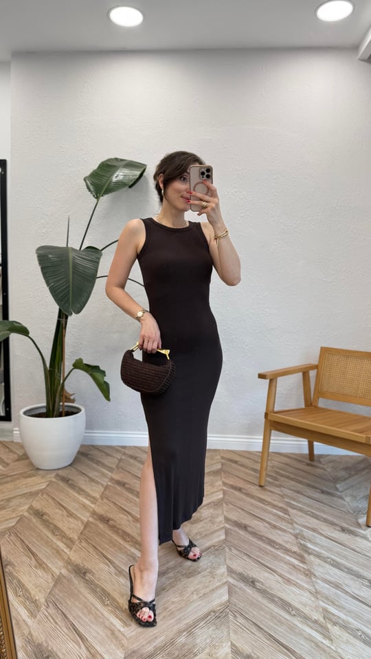 KOYU KAHVE 1381 YIRTMAÇ DETAY ELBİSE 