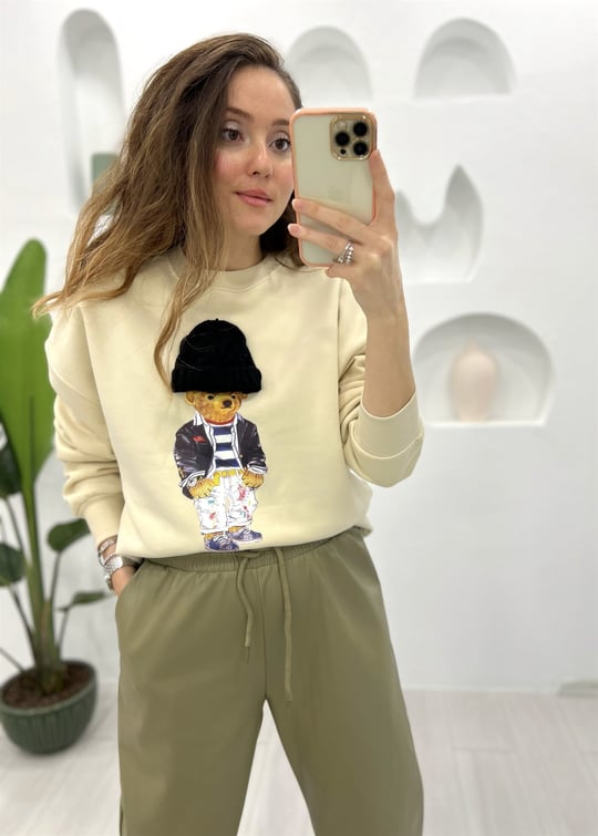 KREM AYICIK BASKILI SWEAT 