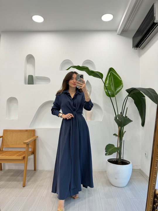 LACİVERT 5714 BAĞLAMALI TENCEL ELBİSE