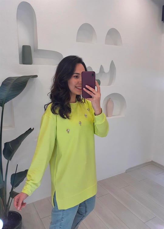 NEON SARI SWAROVSKİ TAŞ İŞLEME SWEAT 