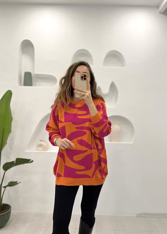 ORANGE-FUŞYA DALGA DESEN KAZAK 