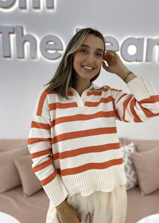 ORANJ POLO YAKA ÇİZGİLİ KAZAK