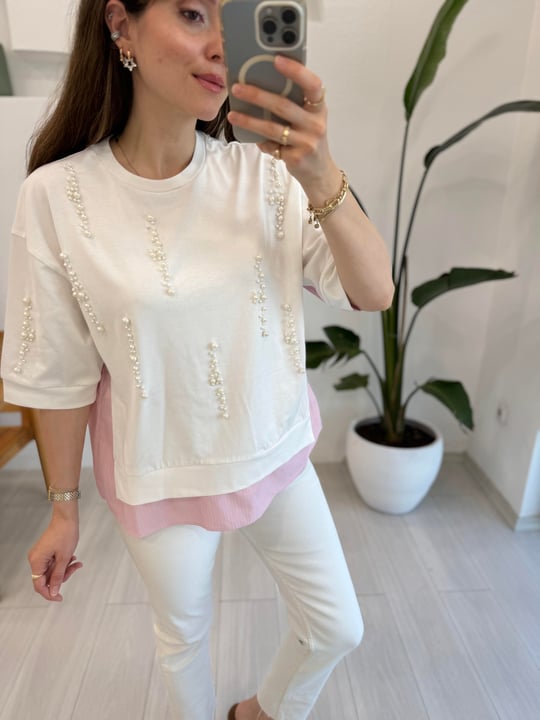 PEMBE 2925 İNCİLİ BLUZ