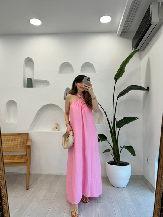 PEMBE 34937 BOYUNDAN BAĞLAMALI ELBİSE
