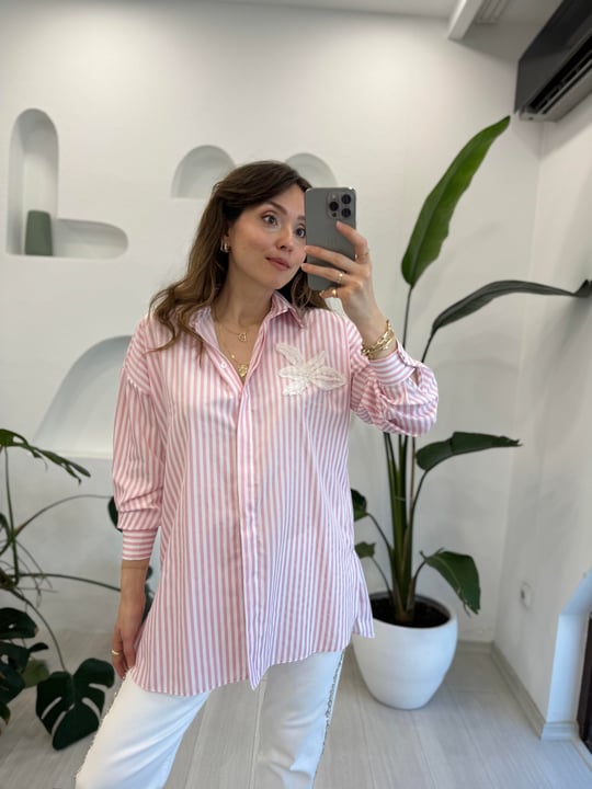 PEMBE 4365 NAKIŞ DETAYLI ÇİZGİLİ GÖMLEK 