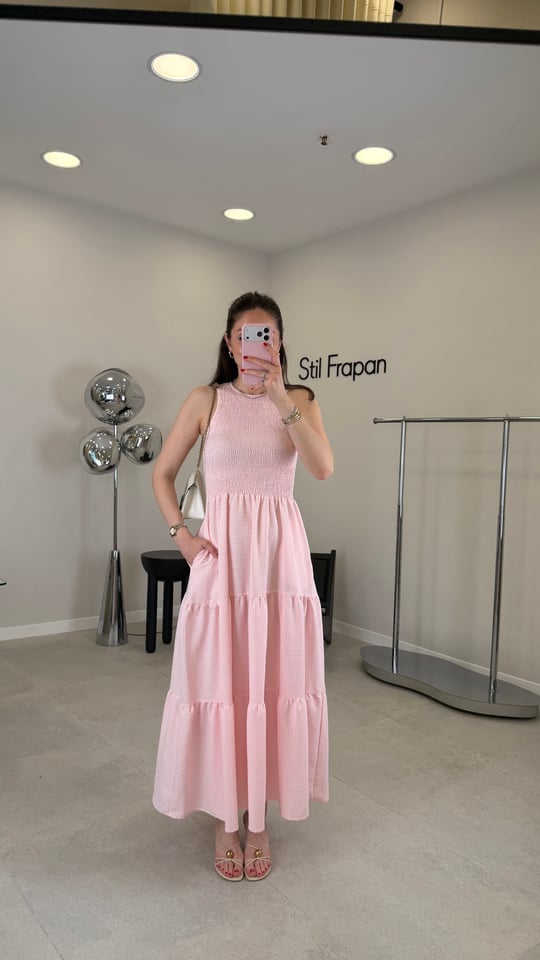 PEMBE 6070 GİPELİ PÖTİKARE ELBİSE 