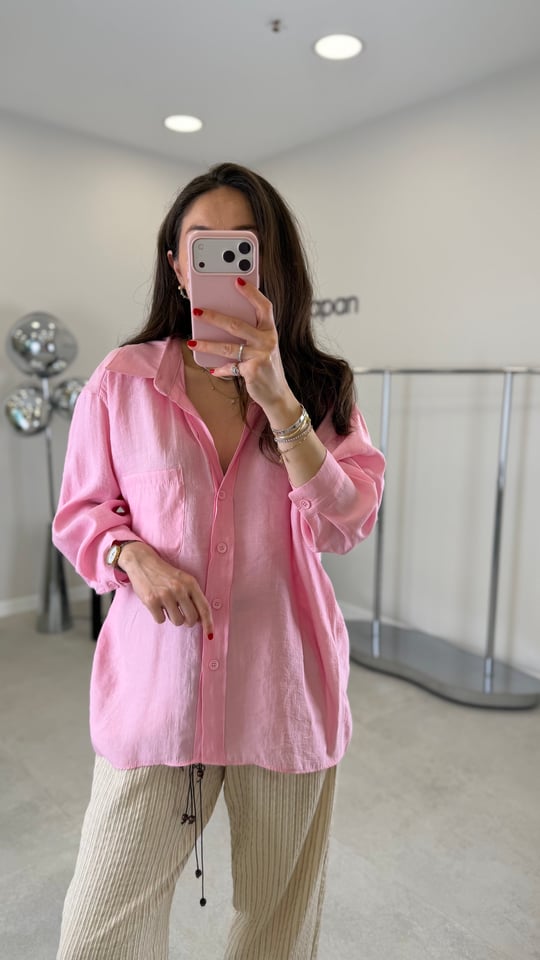 ŞEKER PEMBE 4612 OMZU DÜŞÜK OVERSİZE GÖMLEK  