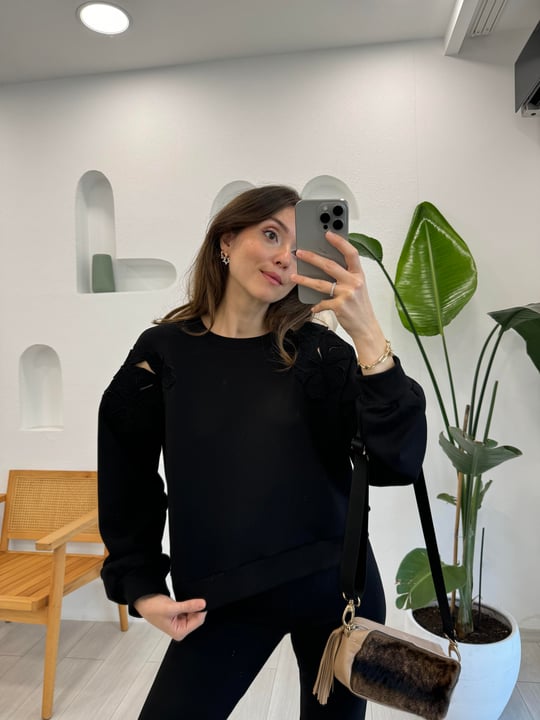 SİYAH 0201 GÜL NAKIŞ DETAY SWEAT 