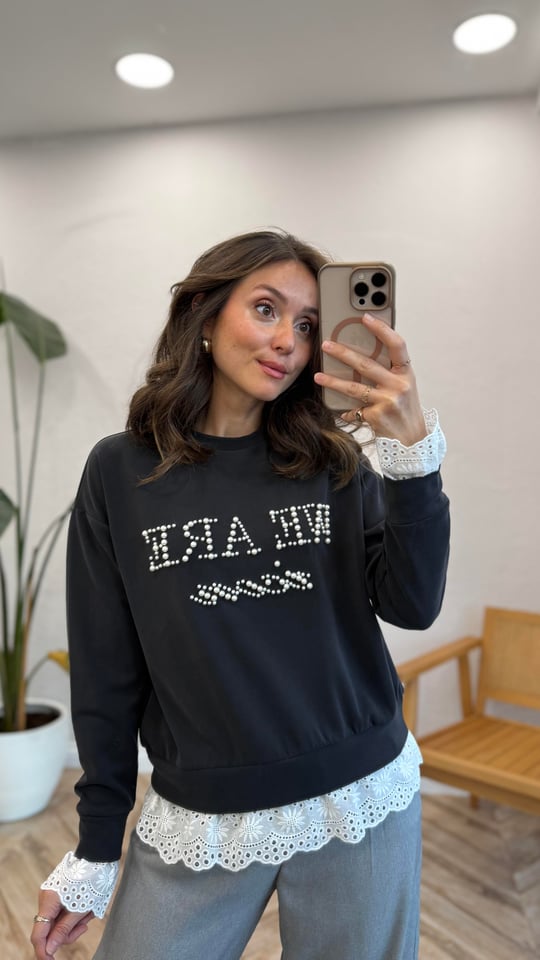 SİYAH 3092 İNCİ DETAY SWEAT