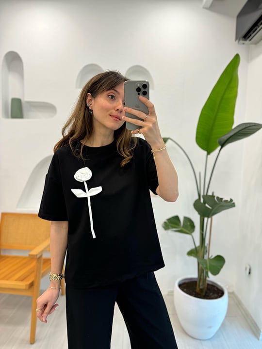 SİYAH 34546 GÜL DETAYLI SWEAT