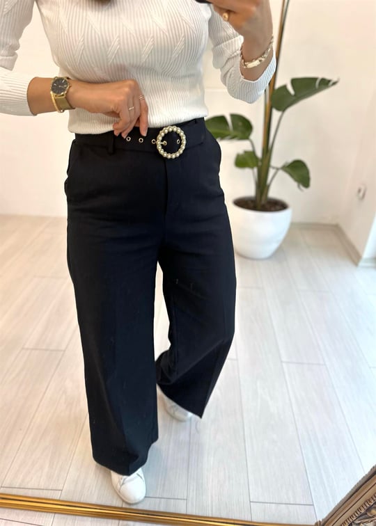 SİYAH 71197 KEMERLİ  İNCİLİ CULOTTE PANTOLON