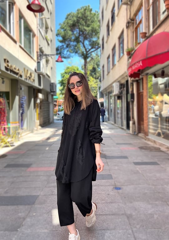 SİYAH TUNİĞİ KAPÜŞONLU BAMBU TAKIM