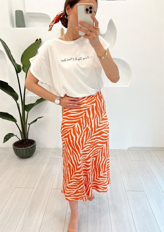 TURUNCU ZEBRA DESEN SATEN ETEK 