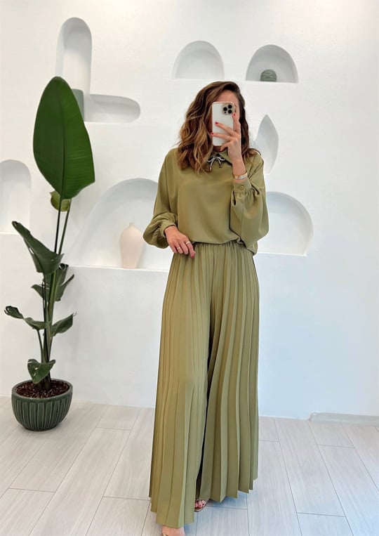 YAĞ YEŞİLİ PİLİSE PANTOLON TAKIM 