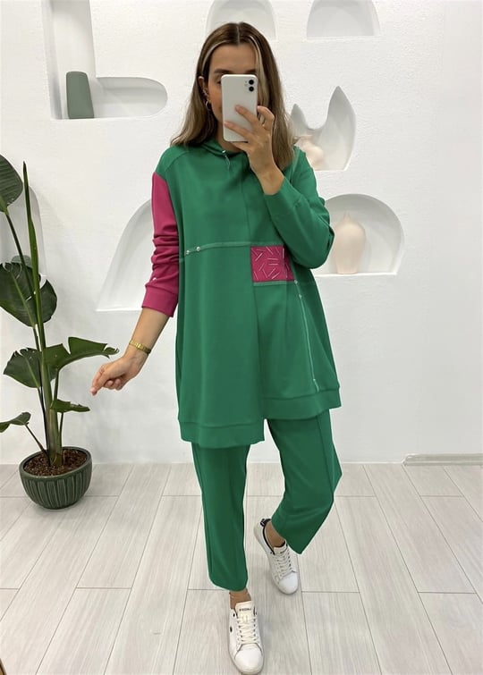 YEŞİL  BONCUK DETAY PANTOLON TAKIM