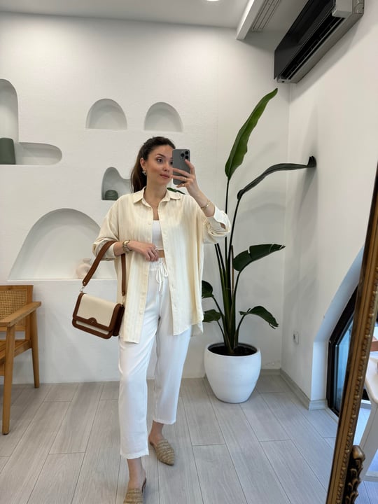 AÇIK BEJ 27268 ÇİZGİLİ BASİC GÖMLEK
