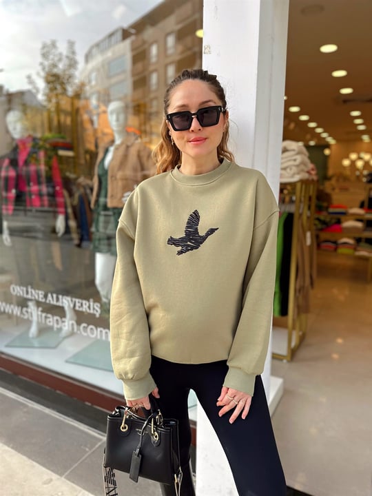 AÇIK HAKİ KUŞ DETAYLI SWEAT 