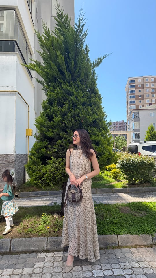 AÇIK KAHVE 1709 PUANTİYELİ ŞALLI ELBİSE 
