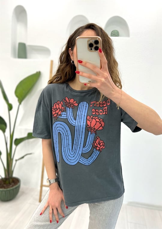 ANTRASİT KAKTÜS DESENLİ TSHIRT