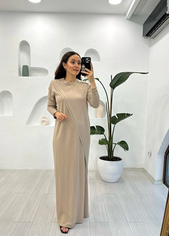 BEJ 4714 DERİ DETAY ELBİSE