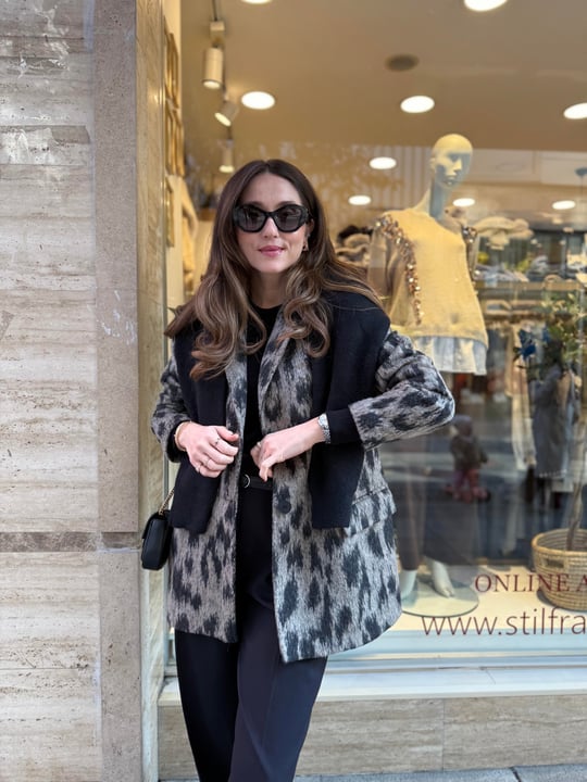 BEJ-SİYAH 0166 LEOPAR KAŞE CEKET