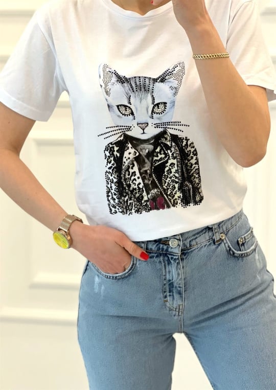 BEYAZ KEDİ TAŞLI TSHIRT