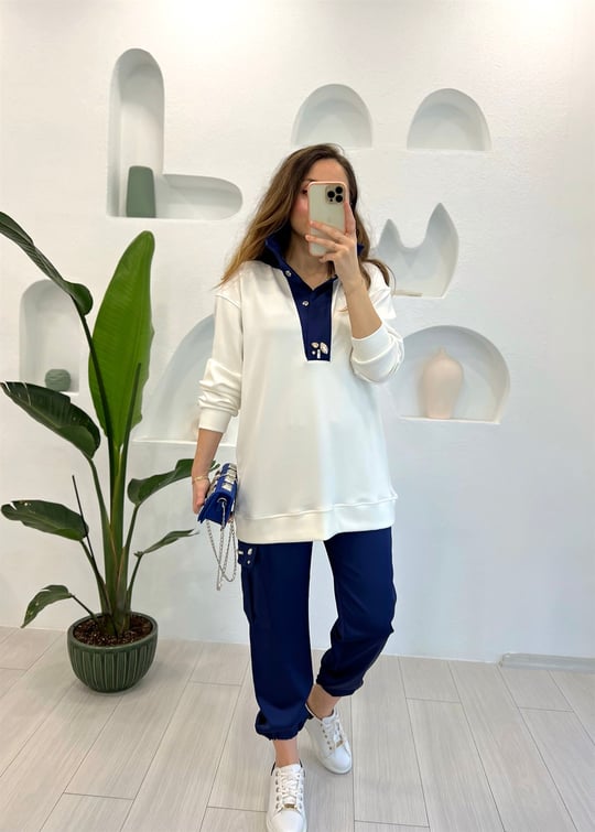 BEYAZ-LACİVERT TAŞ İŞLEME SWEAT