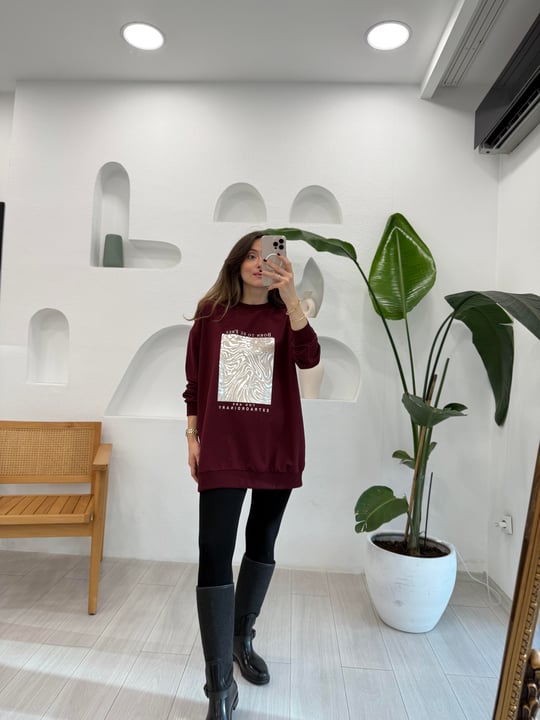 BORDO 2437 BASKILI SWEATSHİRT