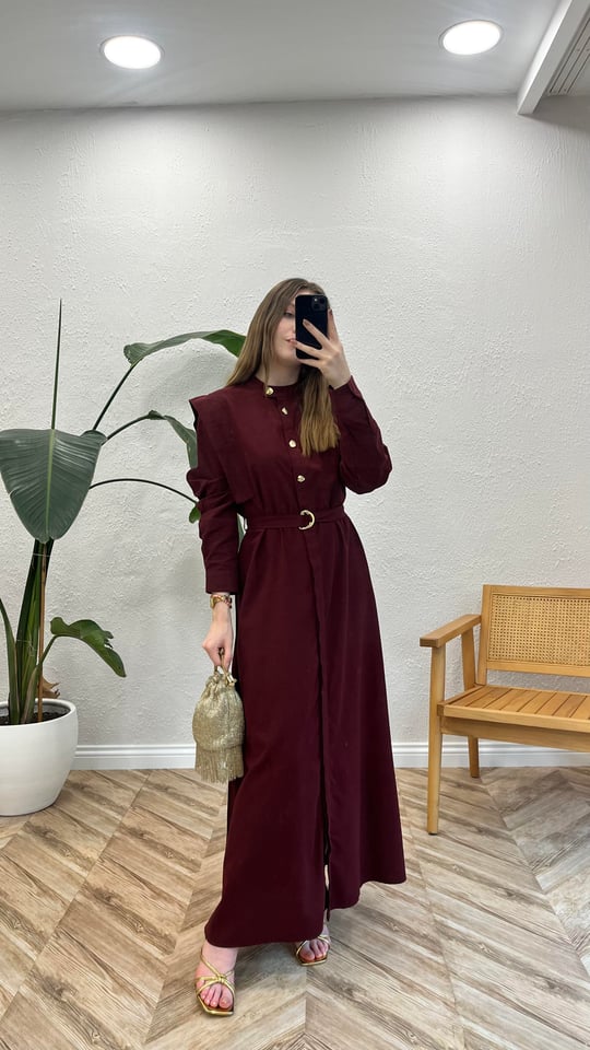 BORDO 2962 DÜĞME DETAY ELBİSE 
