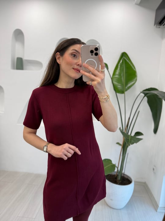 BORDO 4253 DİKİŞ DETAY TRİKO ELBİSE 
