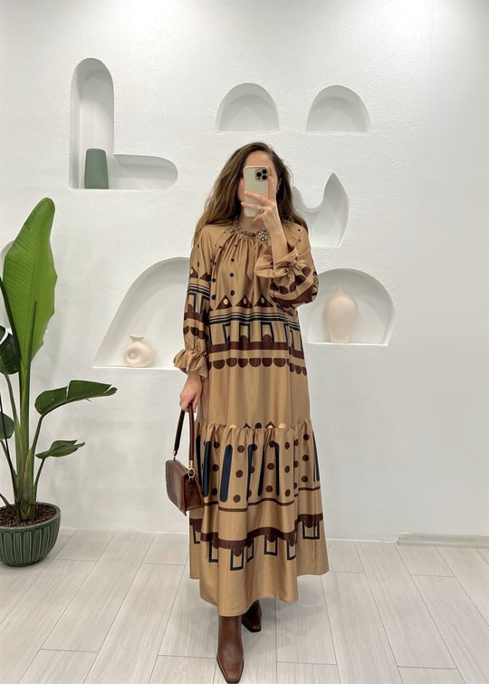 CAMEL KAT KAT GEOMETRİK ELBİSE