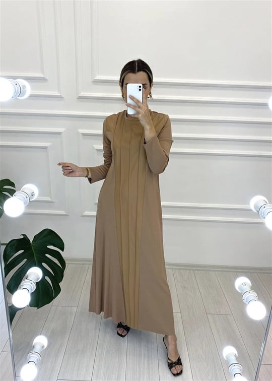 CAMEL ÖNÜ DERİ NERVÜL DETAY ELBİSE