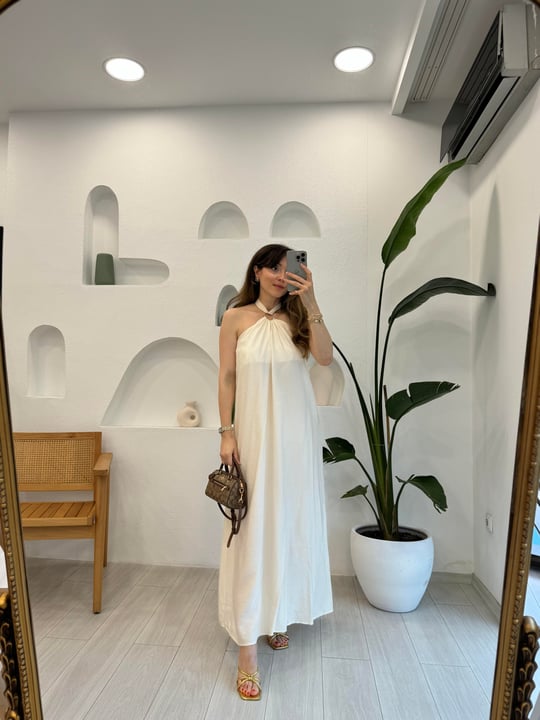 EKRU 34937 BOYUNDAN BAĞLAMALI ELBİSE