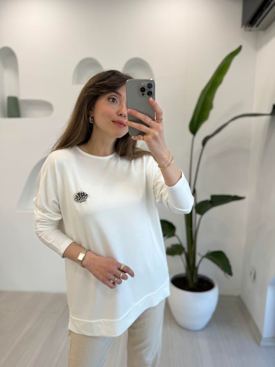 EKRU İPEK PAMUK BLUZ 