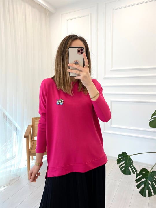 FUŞYA BROŞLU  İPEK PAMUK BLUZ 