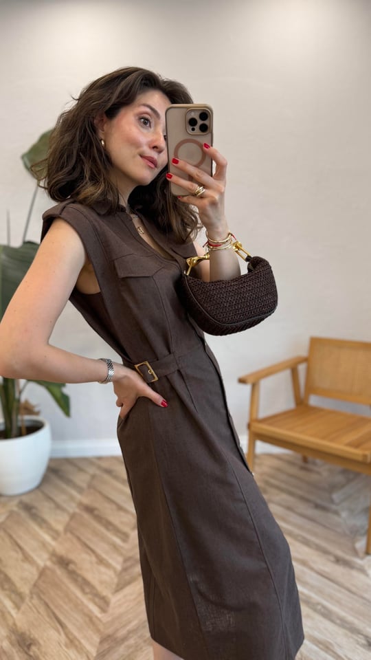 KAHVE 0473 KETEN ELBİSE