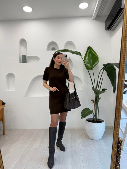 KAHVE 4253 DİKİŞ DETAY TRİKO ELBİSE 
