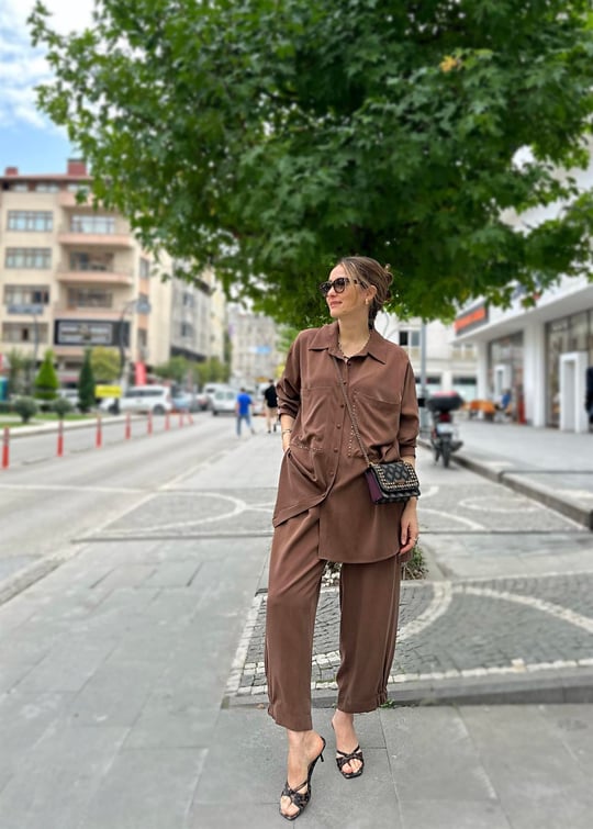 KAHVE 4980 ZIMBA DETAY TENCEL PANTOLON TAKIM