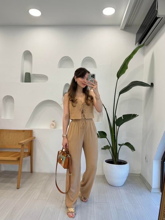 KAHVE 5390 BAĞLAMALI KETEN YELEK 