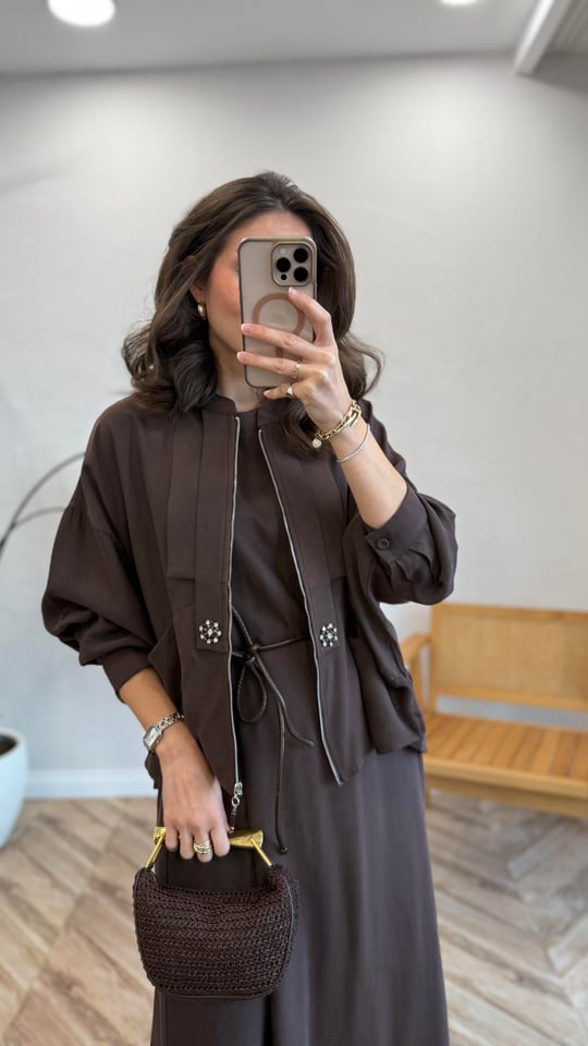 KAHVE 6944 TAŞ DETAY ELBİSE TAKIM