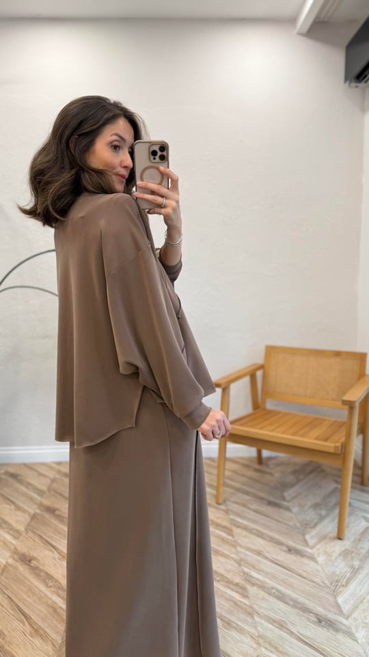 KAHVE 6952 TAŞ DETAY ELBİSE 