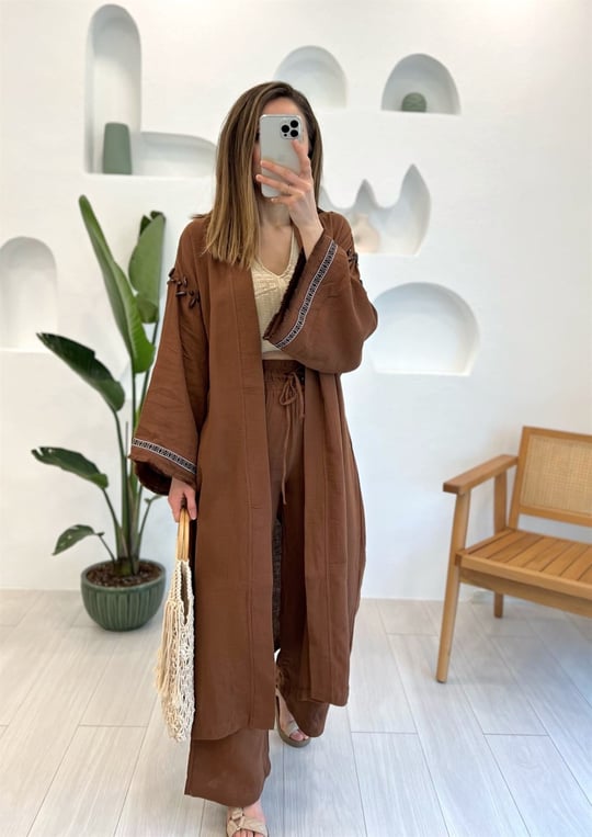 KAHVE KİMONO PANTOLON TAKIM