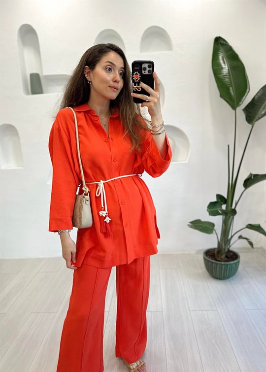 KIRMIZI 9278 KEMERLİ KETEN TAKIM 